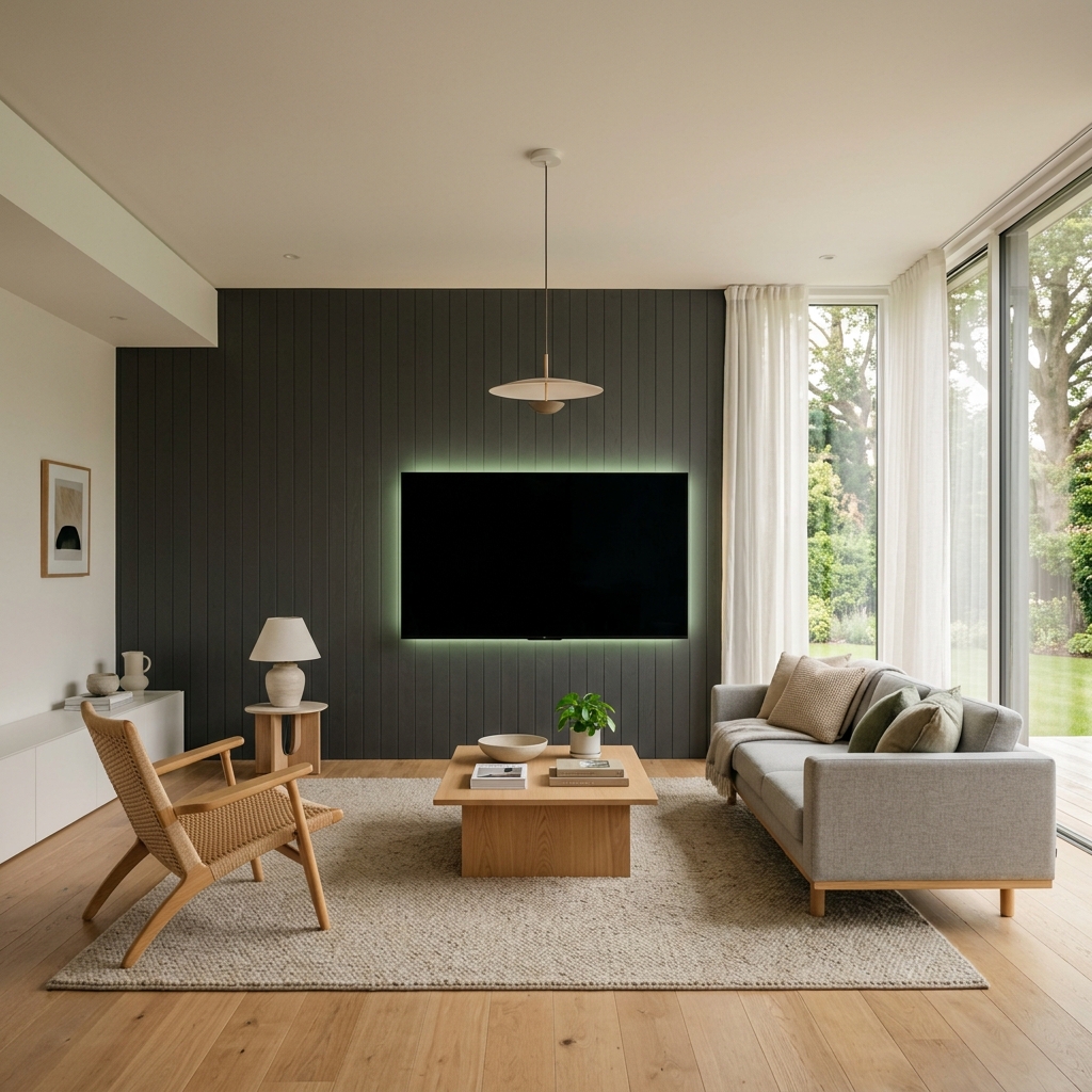 Modern living room with mounted TV